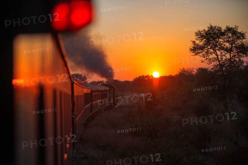 Sunset in the Royal Livingstone Express luxury train. The Steam Locomotive, 156 is a 10th Class originally belonging to Zambia