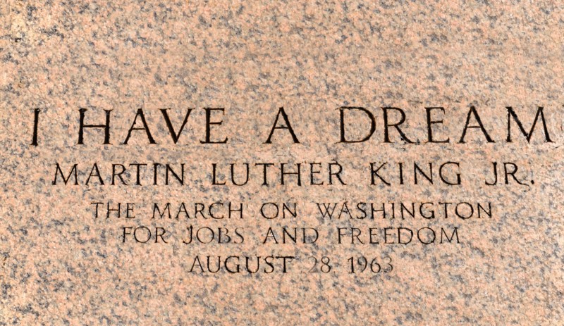 USA, Washington DC, National Mall  Lincoln Memorial  Martin Luther King march engraving in front of the peristyle commemorating his I have a dream speech during the March on Washington for Jobs and Freedom on August 28th 1963.