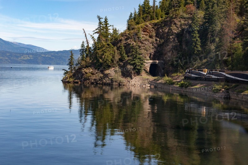 The Rocky Mountaineer train on the Canadian Pacific Rail route through the Rocky Mountains, Canada near Vancouver.