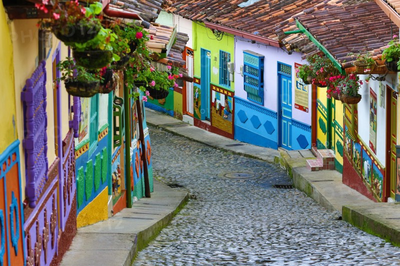 Guatape colorful building and cobblestone street