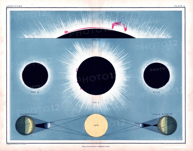 1855 Johnston Total Solar Eclipse Diagram showing solar flares and the sun's aurora