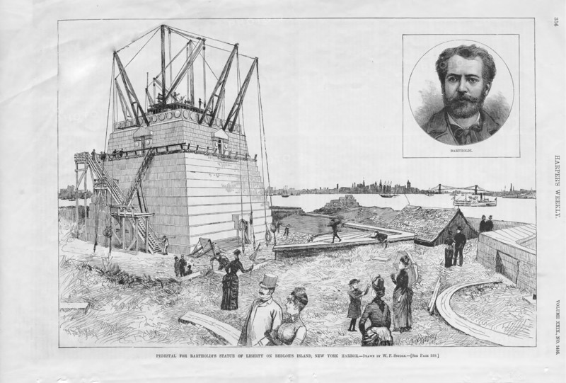 FREDERIC AUGUSTE BARTHOLDI (1834-1904) French sculptor who designed the Statue of Liberty.  The Statue under construction on Liberty Island, New York with Bartholdi inset, from Harper's Weekly.
