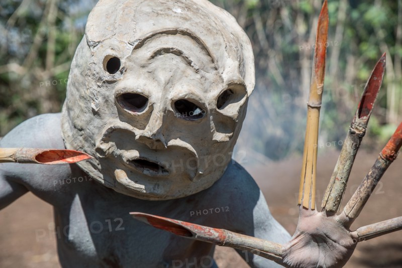 Masked Asaro Mudmen performance, Geremiaka village, Goroka area, Eastern Highlands Province, Papua New Guinea