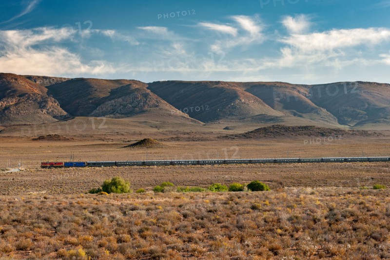 Rovos Rail train in the Karoo town of Matjiesfontein in South Africa.