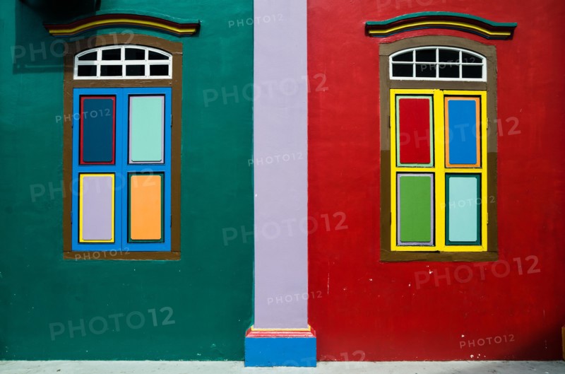 Colorful windows of House of Tan Teng Niah in Little India, Singapore. The building was built 1900, with Southern Chinese and European influences.