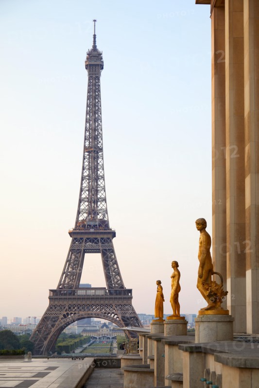 PARIS, FRANCE - JULY 7, 2018: Eiffel tower, nobody at Trocadero in a clear summer morning in Paris, France