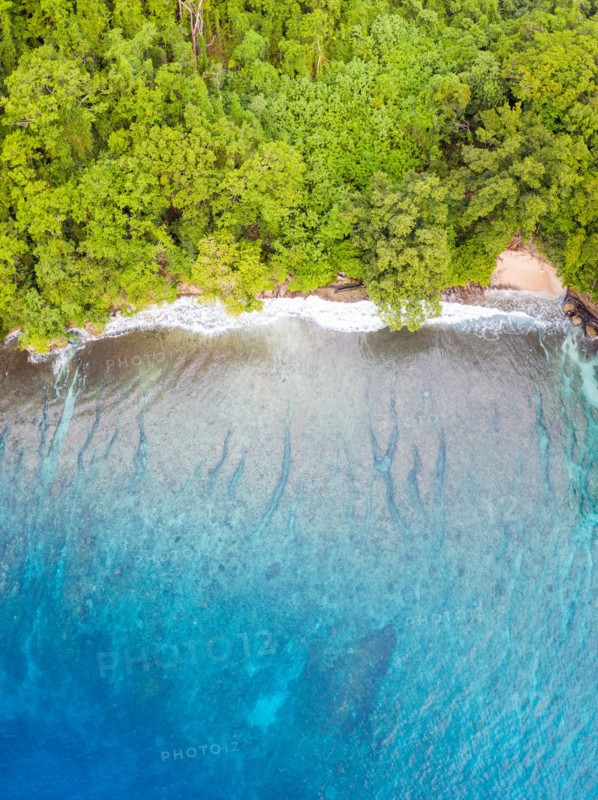 Aerial view of reef and island in Papua New Guinea. The remote, tropical islands in this region are home to extraordinary marine biodiversity.