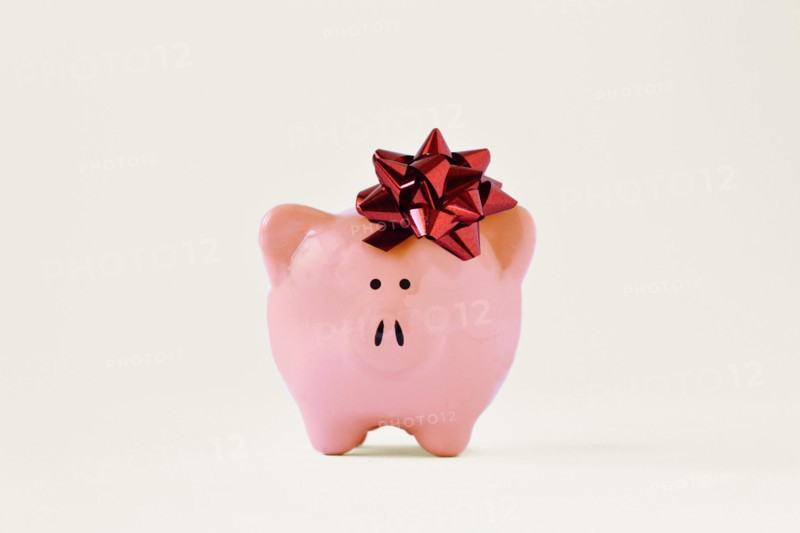 Piggy bank with red bow - Concept of giving away money bonus