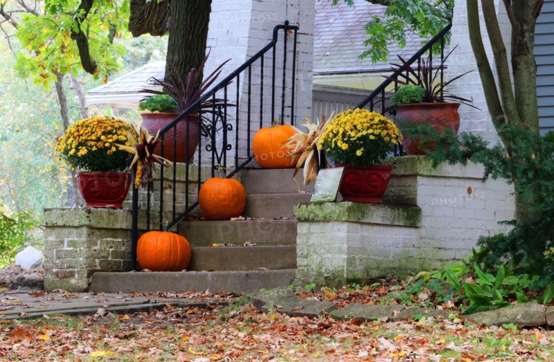 Main entrance stair and porch of the old house decorated for autumn holidays season. Halloween concept. Fall background.