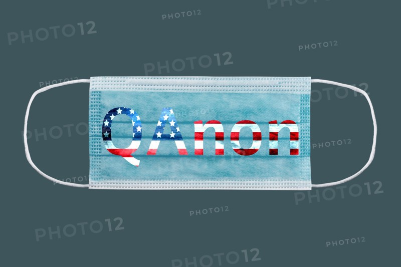 Qanon deep state conspiracy text on Medical surgical mask American flag.