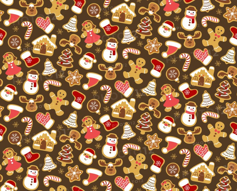 Christmas seamless pattern with gingerbread cookies isolated on dark brown background. Warm colors. EPS 10 vector illustration.