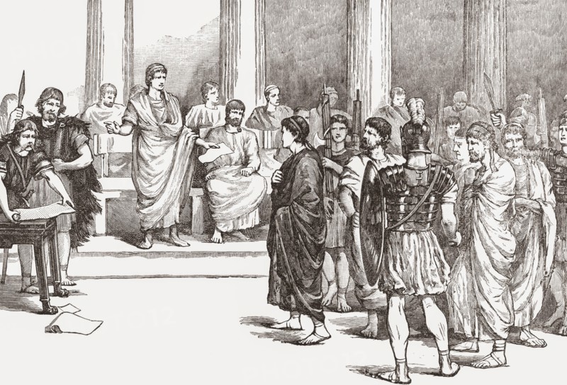 The Catilinarian conspirators before the Senate.  Roman patrician Lucius Sergius Catilina, 108–62 BC, also known as Catiline, is remembered for his failed attempt to overthrow the Republic.  After a 19th century illustration by Ferdinand Max.