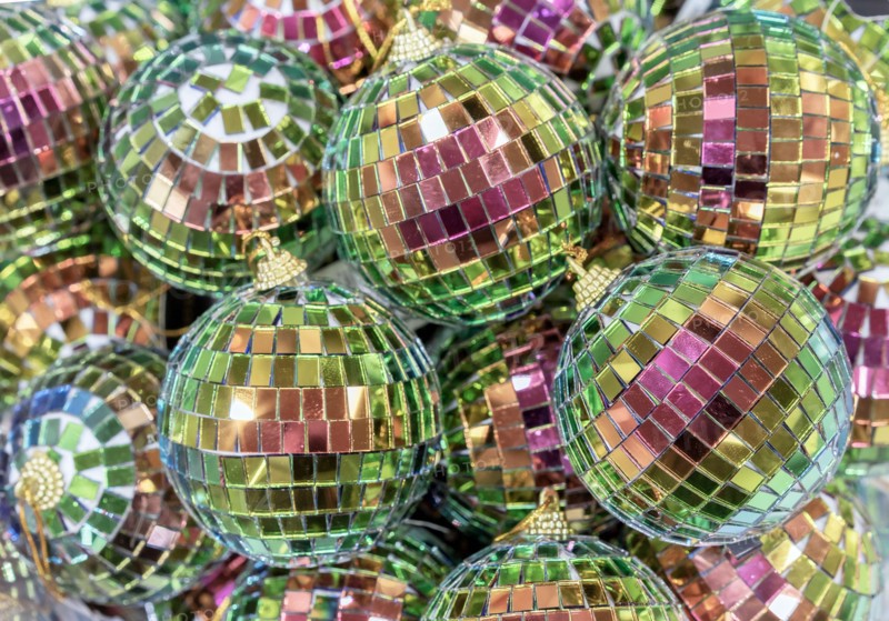 Multicolored mirrored disco balls for the Christmas tree.