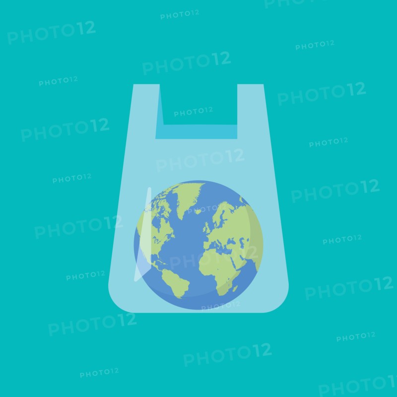 Plastic bag with planet earth inside. Concept of plastic pollution. Vector illustration