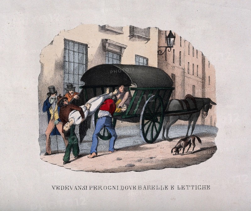 A corpse is lifted from the back of a wagon during the 1832 cholera epidemic. Coloured lithograph, c. 1832.