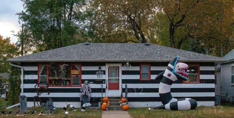 House in residential area decorated as Beetle Juice for Halloween in Winona, Minnesota USA.