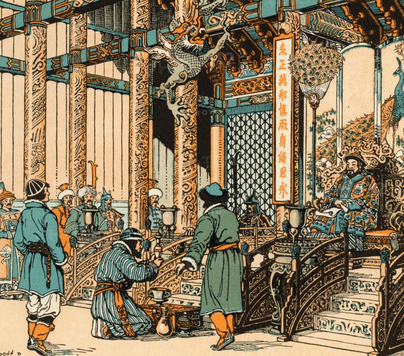 Marco Polo (c1254-1324), together with his father and uncle are received by the Kublai Khan (1215-1294). By Donn Philip Crane (1878-1944). In 1269, Niccolò Polo (c1230-c1294) and Maffeo Polo (c1230-c1309), returned to Venice to meet Marco for the first time. The three of them embarked on an epic journey to Asia, exploring many places along the Silk Road until they reached Cathay (China), where they were received by the royal court of Kublai Khan.