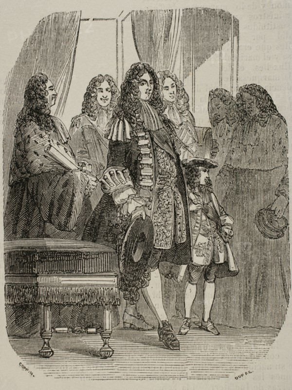 The Regent Philippe of Orleans (1674-1723) with Louis XV (1710-1774) as a child in the Parliament. Engraving.