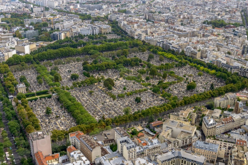 Aerial view of Pere Lachaise Cemetery taken from Montparnasse Tower in Paris, France