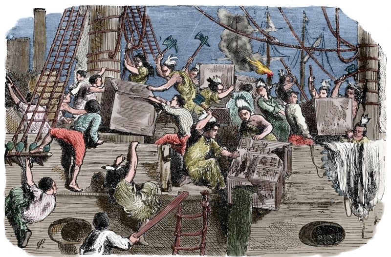 Boston Tea Party. Political protest by the Sons of Liberty in Boston. December 16, 1773. Engraving. Later colouration.