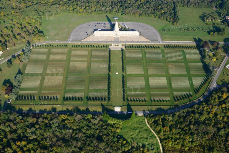 AERIAL VIEW. Douaumont Ossuary and Cemetery. WWI cemetery near Verdun. Meuse, Lorraine, Grand Est, France.