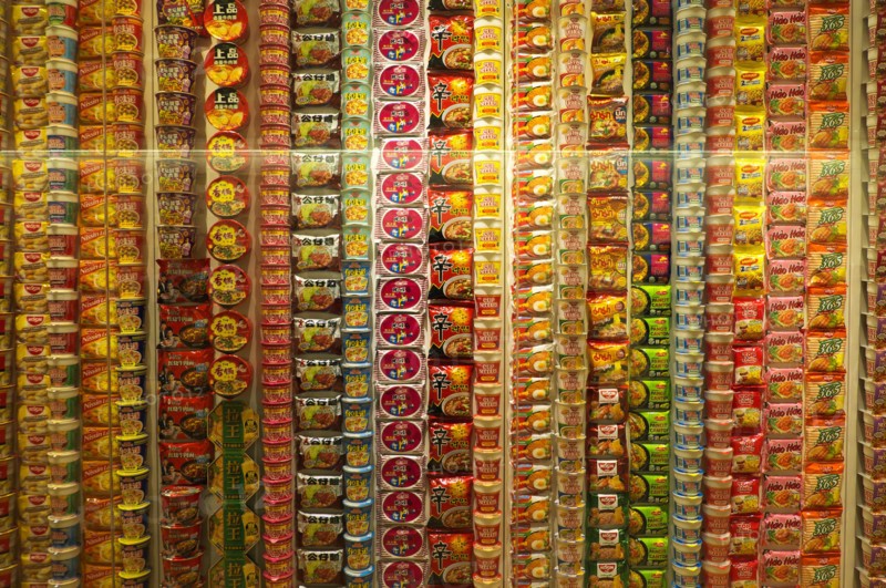 Instant noodle samples displayed at the main exhibition room in the Cup Noodles Museum, Yokohama