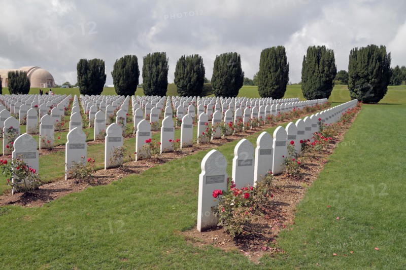 Muslim headstones in the French National Cemetery in front of the Douaumont ossuary, near Fort Douaumont, near Verdun, France.