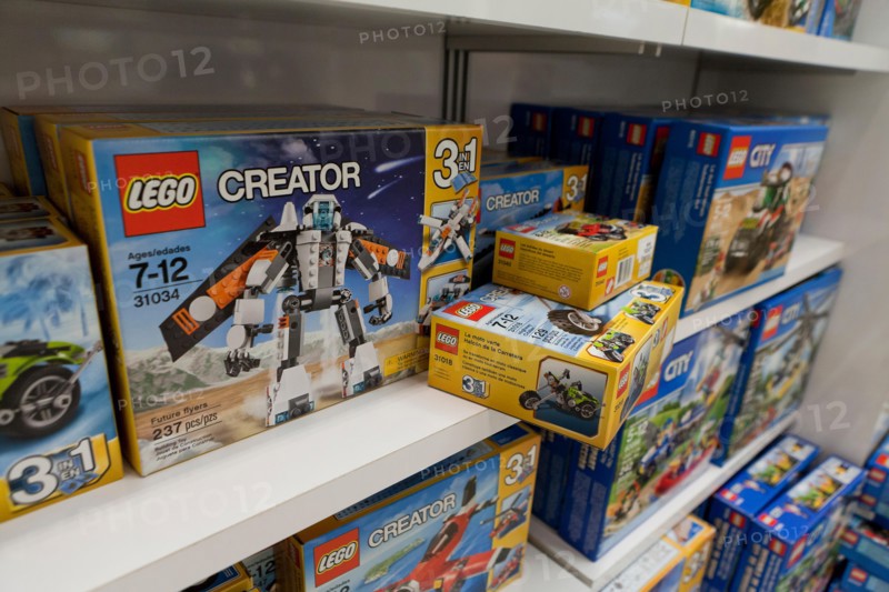 LEGO toys on display on shelves at toy store - USA