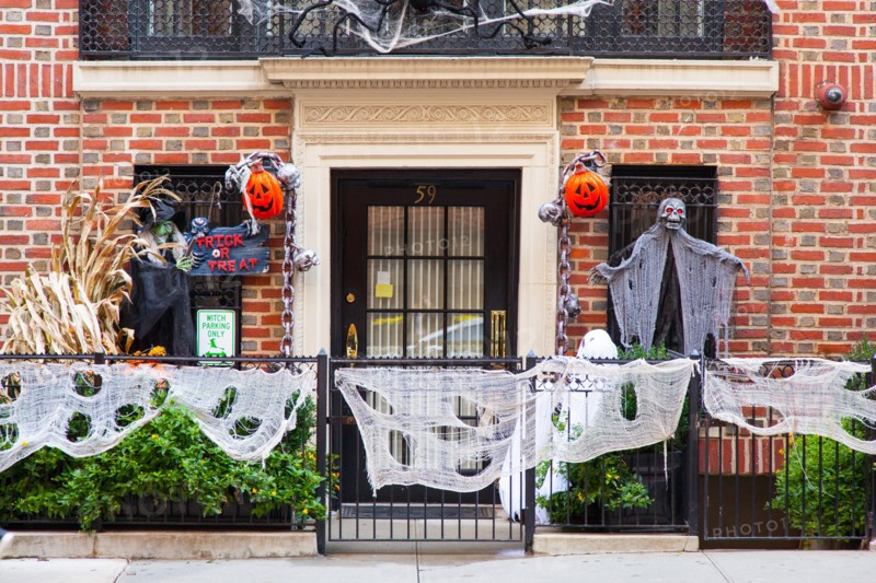 Halloween decorations on a house on E77 Street, Manhattan,  New York City, United States of America.