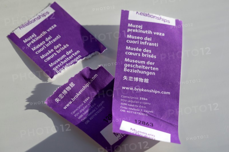 A ripped up ticket from the Museum of Broken Relationships in Zagreb, Croatia. The museum exhibits items and stories from broken relationships.