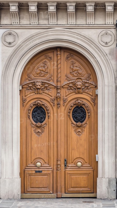 Antique inlaid wooden door with carved stone structure in an ancient palace in Paris.