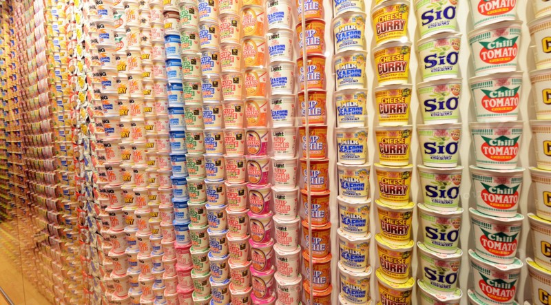 Different types of Instant Ramen noodles on display inside the Cup  Noodles museum in Osaka, Japan.