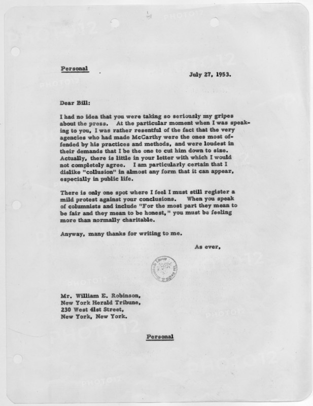 Letter from President Eisenhower to William E. Robinson; Scope and content:  This document relates to McCarthyism.