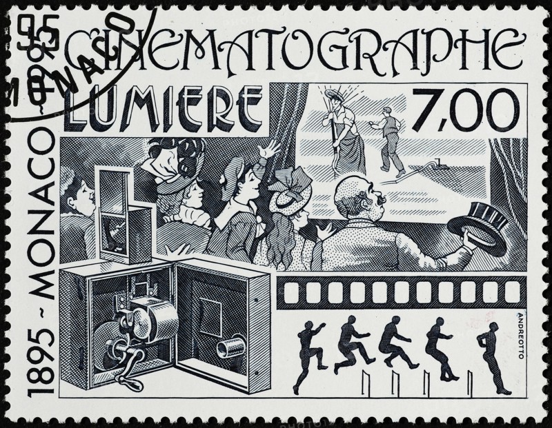 Cinematograph of Lumiere brothers on postage stamp