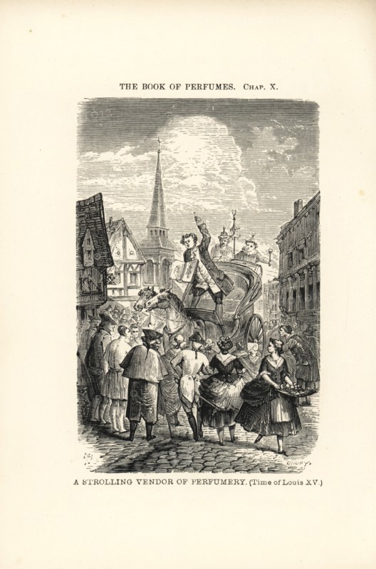 A strolling vendor of perfumery in the time of Louis XV, Paris, 18th century. Charlatans sold eau de Cologne as well as powders, elixirs, pills and opiates. Woodcut engraving by Gabry from Eugene Rimmel's The Book of Perfumes, London, Chapman and Hall, 1865.