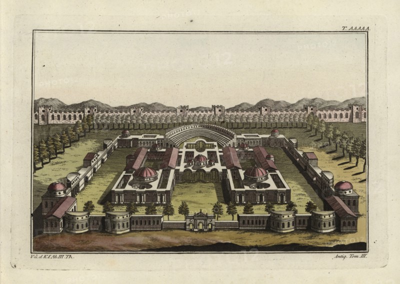 Baths of Diocletian (Thermae Diocletiani) in Rome, with hot baths Caldarium, sauna Tepidarium, cold baths Frigidarium and Natatio. Handcoloured copperplate engraving from Robert von Spalart's "Historical Picture of the Costumes of the Principal People of Antiquity and of the Middle Ages," Chez Collignon, Metz, 1810.