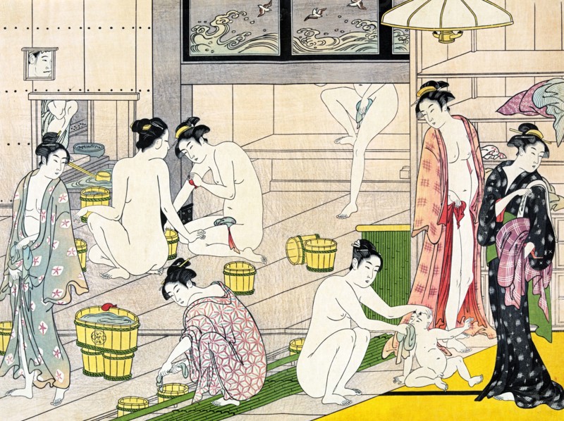 Japan: 'Bathhouse women'. Ukiyo-e woodblock print by Torii Kiyonaga (1752 - 28 June 1815), c. 1780.

Torii Kiyonaga was a Japanese ukiyo-e printmaker and painter of the Torii school. Originally Sekiguchi Shinsuke, the son of an Edo bookseller, he took on Torii Kiyonaga as an art-name (go). Although not biologically related to the Torii family, he became head of the group after the death of his adoptive father and teacher Torii Kiyomitsu.
