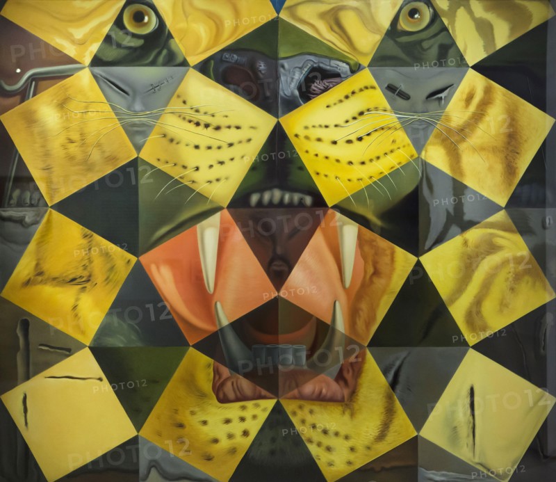 Painting by Spanish surrealist painter Salvador Dalí entitled 'Fifty abstract paintings that from two metres change into three Lenins disguised as a Chinese and from six metres form the head of a Royal Tiger' (1962) on display in the Salvador Dalí Theatre and Museum in Figueres, Catalonia, Spain.
