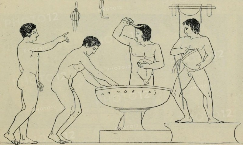 . Greek athletic sports and festivals . An oil-flask indicates the building, whilea tree suggests the groves of the gymnasium. Scenes in the Apodyterion are very numerous, especially onlater vases. We will first take a kylix in the Museum at ^ Gerh. A. F. 272, and supra, Figs. 63, 64. - Gerh. A.V. 272, 294. ^ Hartwig, Meisterschal. liii. ; Freemau, Schools of Hellas, PI. x. xxri THE GYMNASIUM—WASHING 481 sort of lye obtained from wood ashes, an alkali called litron andsomewhat similar to nitre, and a kind of fullers earth.^ Afteroiling and powdering his body the bather rubbed himself till alat