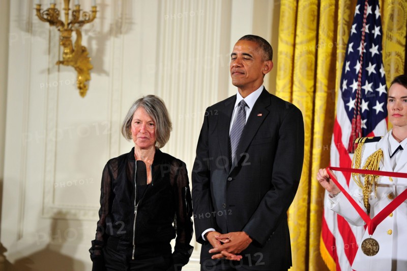 ***FILE PHOTO*** Louise GlŸck Wins Nobel Prize For Literature. In this file photo from September 22, 2016, United States President Barack Obama presents the 2015 National Humanities Medal to Louise Glück, Poet of Cambridge, Massachusetts during a ceremony in the East Room of the White House in Washington, DC. On October 8, 2020, the Nobel Prize announced Louise Glück was being awarded the 2020 Nobel Prize in Literature. Credit: Ron Sachs/CNP /MediaPunch