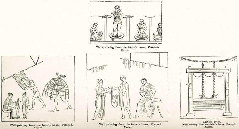 Wall painting from fuller’s house in Pompeii (three images) and clothes press from fuller’s house in Pompeii. Figure 7 shows four washermen in compartments. Each stands or kneels in a tub of water, three are rubbing and wringing clothes, while the fourth, supporting himself by the partitions, jumps up and down on the clothes. Figure 10 depicts a further stage. The mistress of the shop, or someone else in authority, sits to the left examining a piece of cloth or a scarf which a sewing girl brings to her, In the center, a man is brushing a shirt which hangs from a rack with a brush shaped very m
