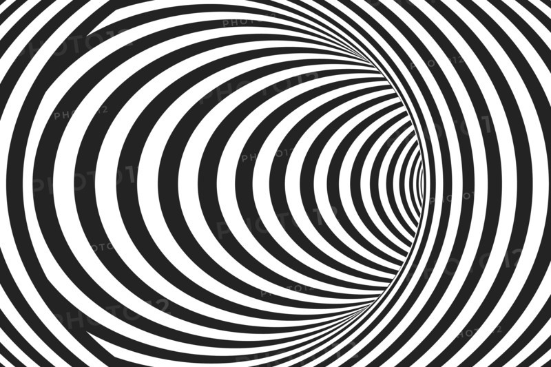 Abstract black and white concentric lines that makes a striped tunnel.  Optical Illusion effect. Modern vector background. Hypnotic line art.