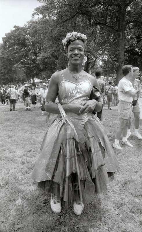 File photo: Baltimore, MD June 6, 1991:  Marsha P. Johnson, a gay liberation  activist  and self-identified drag queen poses during her appearance at