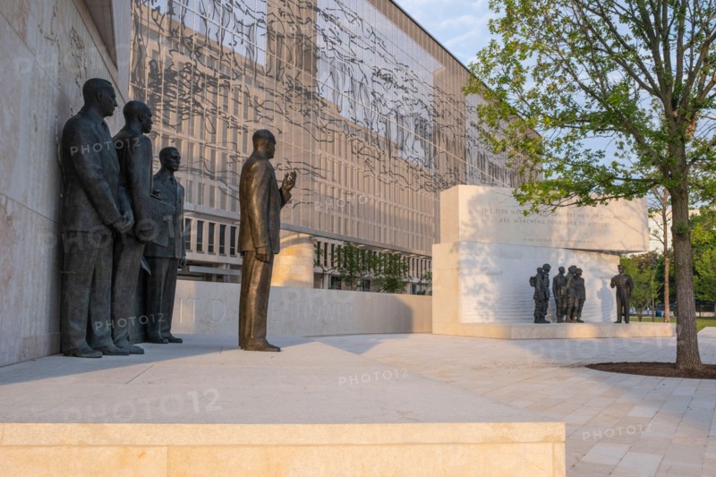 Dwight Eisenhower Memorial, Washington, DC, USA. Second Inaugural on left, Normandy Invasion on right.