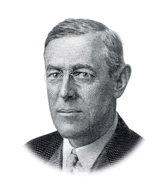 Portrait of USA President Thomas Woodrow Wilson Isolated on White Background