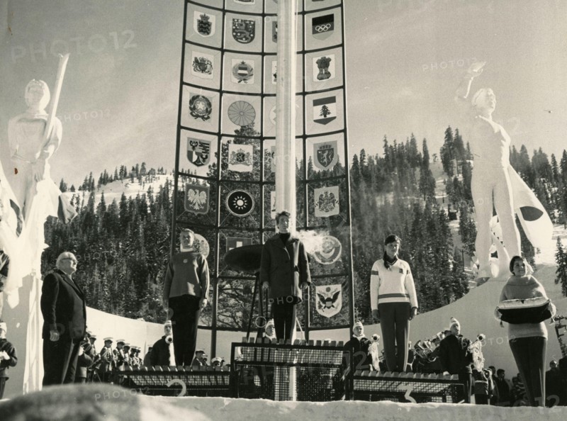 The winners of the VIII Winter Olympic Games Ladies Downhill ski race, from left: Penny Pitou USA, second place; Heidi Biebl Germany, first place; and Traudl Hecher Austria, third place, Squaw Valley, USA 1960