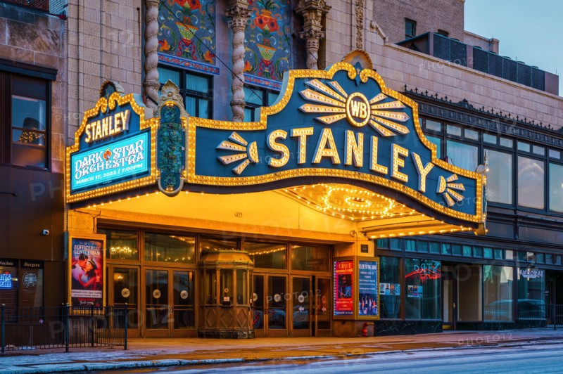 Utica, New York - Close-up Night View of The Stanley Theatre. It is a Baroque-style theater built in 1928.