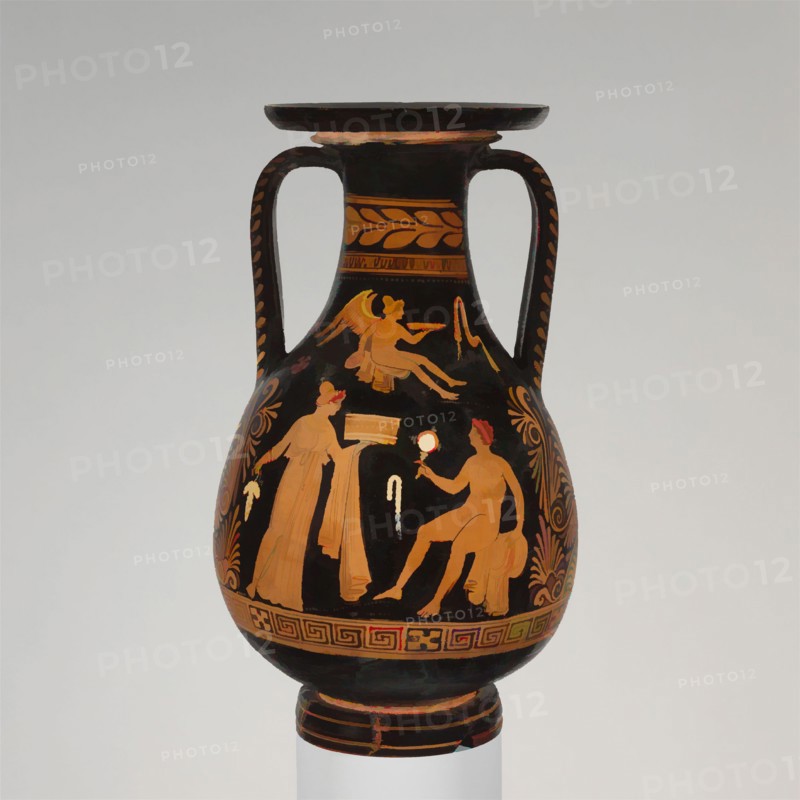 Art inspired by Terracotta pelike (jar), Hellenistic, ca. 330–310 B.C., Greek, South Italian, Apulian, Terracotta; red-figure, H. 19 5/8 in. (49.8 cm), Vases, Obverse, woman seated between youth and woman; above, Eros with fillet, woman, and swan Reverse, woman and seated youth, Eros, Classic works modernized by Artotop with a splash of modernity. Shapes, color and value, eye-catching visual impact on art. Emotions through freedom of artworks in a contemporary way. A timeless message pursuing a wildly creative new direction. Artists turning to the digital medium and creating the Artotop NFT