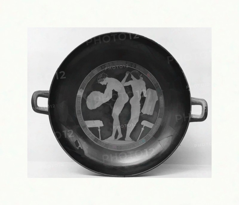 Art inspired by Terracotta kylix (drinking cup), Classical, ca. 470 B.C., Greek, Attic, Terracotta; red-figure, H. 5 in. (12.7 cm), Vases, Interior, two women with their garments, Exterior, obverse and reverse, women and youths. Though later in date, this scene has the same directness, Classic works modernized by Artotop with a splash of modernity. Shapes, color and value, eye-catching visual impact on art. Emotions through freedom of artworks in a contemporary way. A timeless message pursuing a wildly creative new direction. Artists turning to the digital medium and creating the Artotop NFT