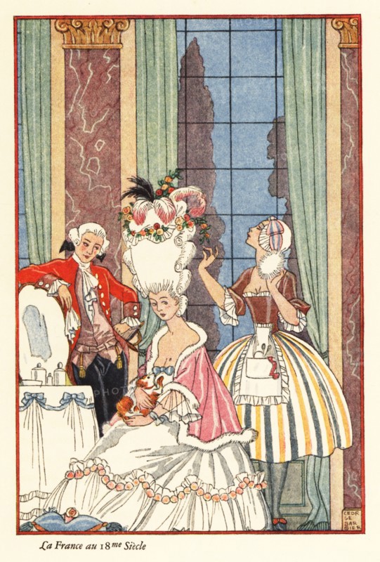 A noble woman at her toilette in the era of Marie Antoinette, 18th century France. A hairdresser with a powder puff fixes the woman's huge pouffe hair-do. The woman sits holding a lap dog. La France au 18me Siecle. Smithsonian-process colour print after Art Deco master George Barbier from Richard le Gallienne’s Romance of Perfume, Hudnut, New York, 1928.